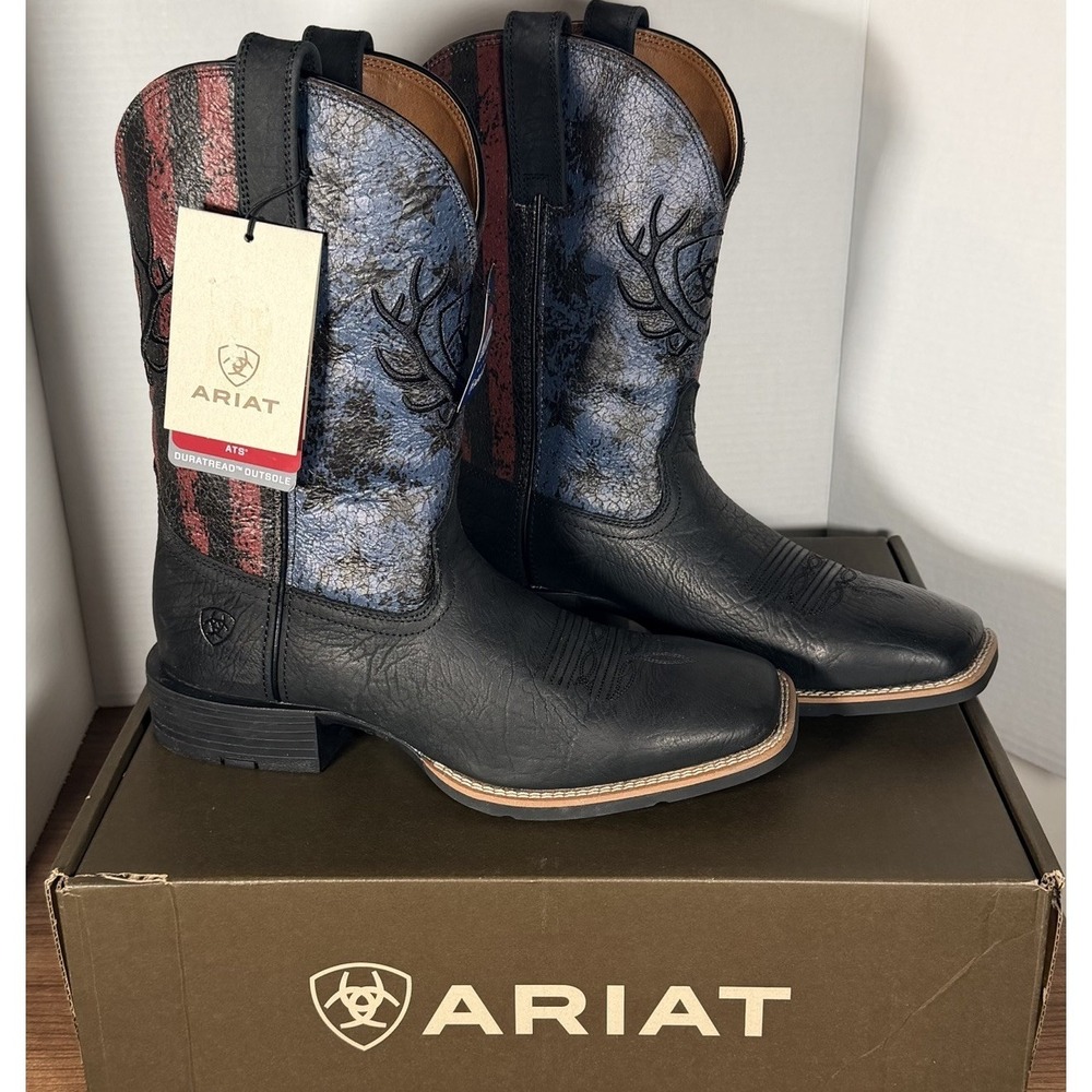 Ariat Sport Liberty Antler Embroidered Square Toe Pull on Cowboy Boots NIB Sz 10